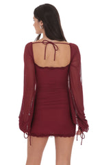 Mesh Lace Ruched Dress in Maroon