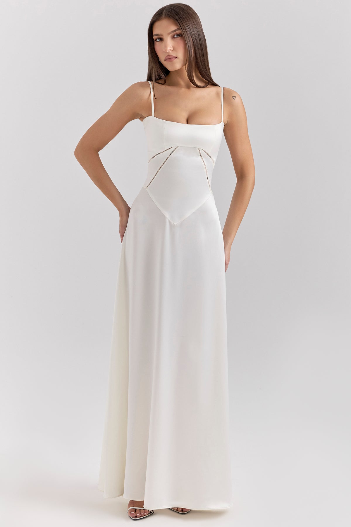 ivory satin lace up maxi dress