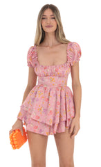 Floral Puff Sleeve Romper in Pink