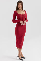 red bodycon knitted midi skirt