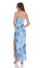 Floral Ruffle Mesh Square Neck Maxi Dress in Blue