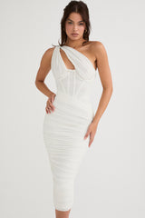 ivory asymmetric cutout midi dress