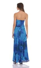 Mesh Floral Cutout Maxi Dress in Blue