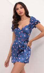 Puff Sleeve Satin Wrap Dress in Blue Floral