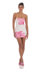 Floral Mesh Strapless Bodycon Dress in White