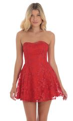 Embroidered Floral Strapless Dress in Red