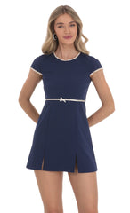 Short Sleeve Double Slit Dress in Navy