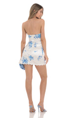 Floral Satin Strapless Bodycon Dress in White