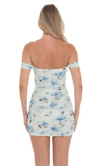 Floral Mesh Off Shoulder Bodycon Dress in Blue