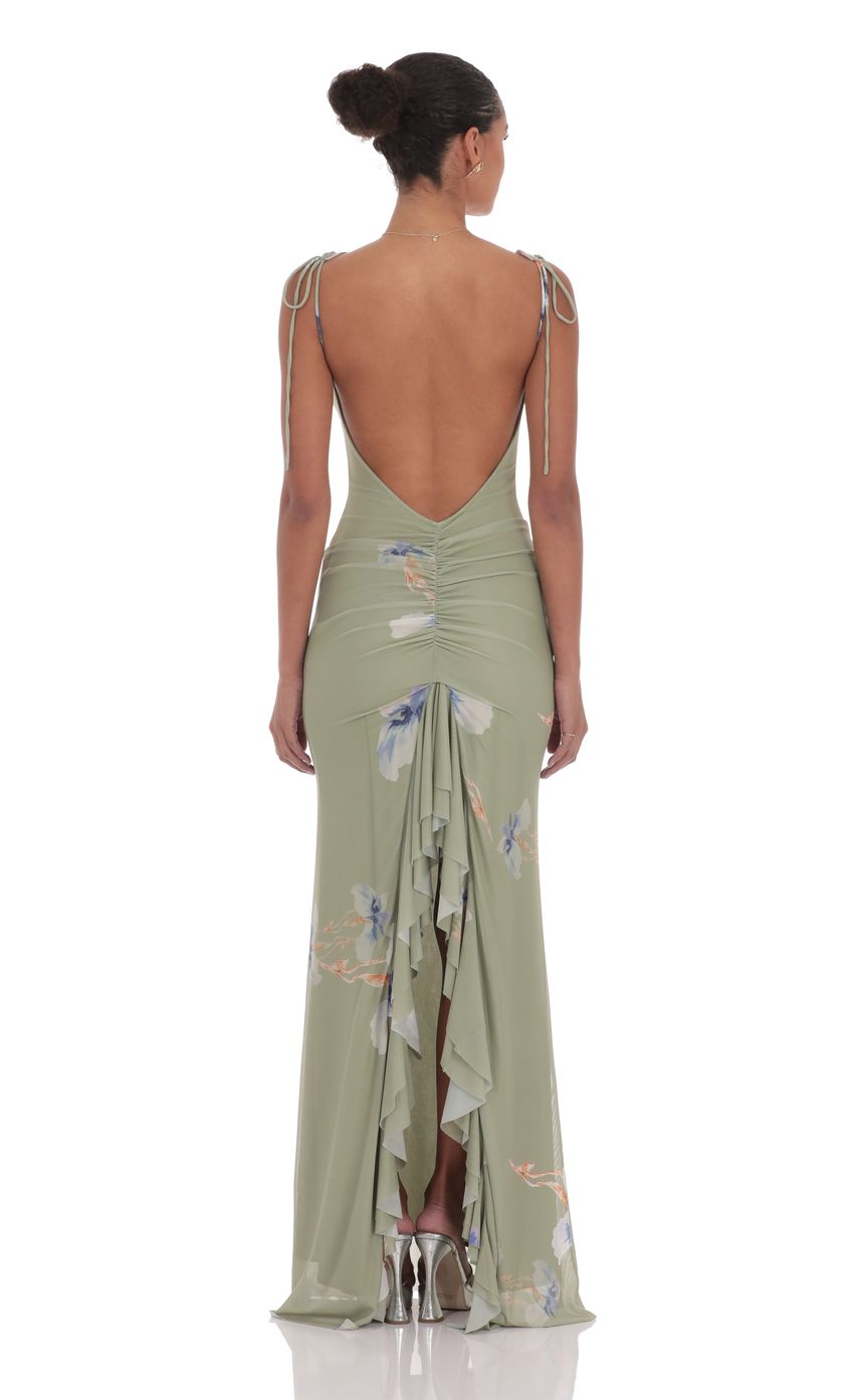 Floral Back Ruffle Maxi Dress in Sage