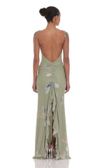 Floral Back Ruffle Maxi Dress in Sage