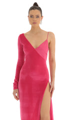 Tomia Asymmetrical Velvet Maxi Dress in Pink
