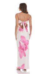 Satin Floral Open Back Maxi Dress in White