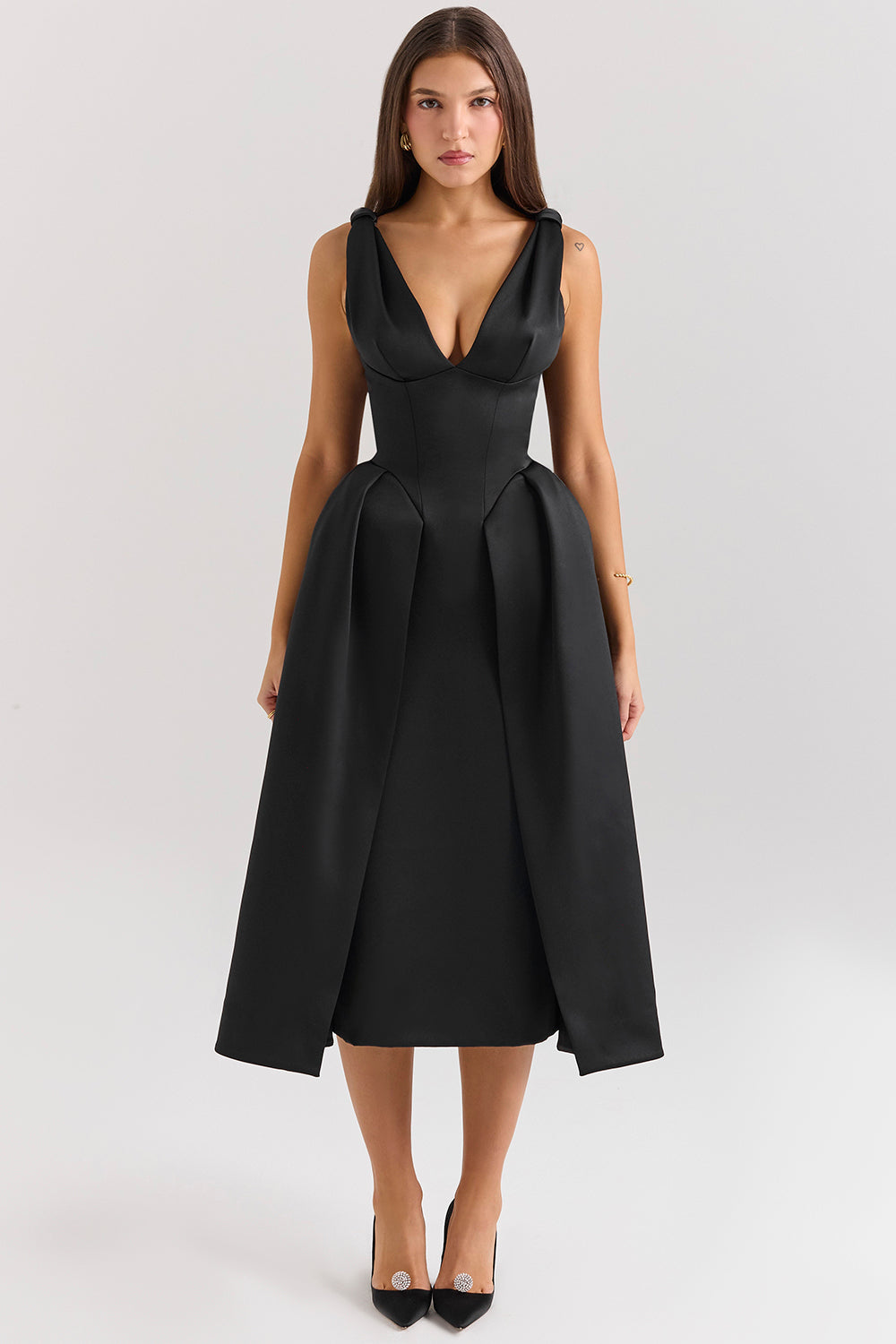 black satin twist strap midi dress