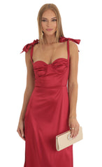 Satin Slit Maxi Dress in Red