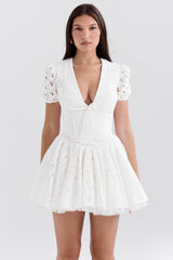 white pleated broderie anglais mini dress
