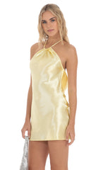 Satin Halter Rhinestone Dress in Yellow