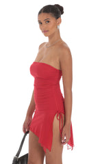 Mesh Strapless Side Ruched Dress in Red
