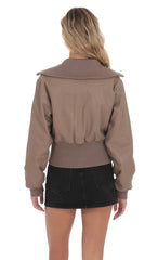 Cinched Faux Leather Bomber Jacket in Light Brown