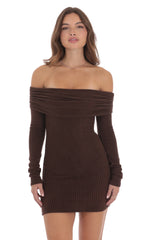 Ribbed Off Shoulder Open Back Dress in Brown