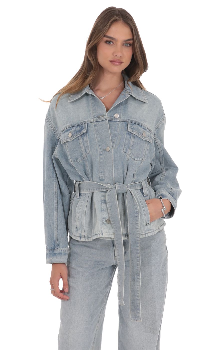 Oversized Belted Denim Jacket in Light Blue