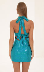Holographic Halter Bodycon Dress in Blue