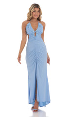 Plunge Neck Ruched Maxi Dress in Blue