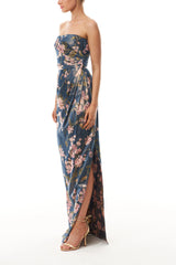 Draped Floral Strapless Column Gown