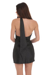 Leopard Jacquard Scarf Halter Dress in Black