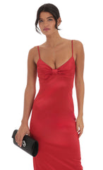 Satin Front Bow Maxi Dress in Red