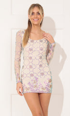 Long Sleeve Bodycon Dress in Nude and Multicolor Sequin