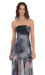 Foral Mesh Strapless Maxi Dress in Navy