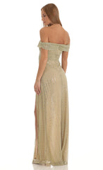 Sequin Striped Off The Shoulder Maxi Dress in Gold
