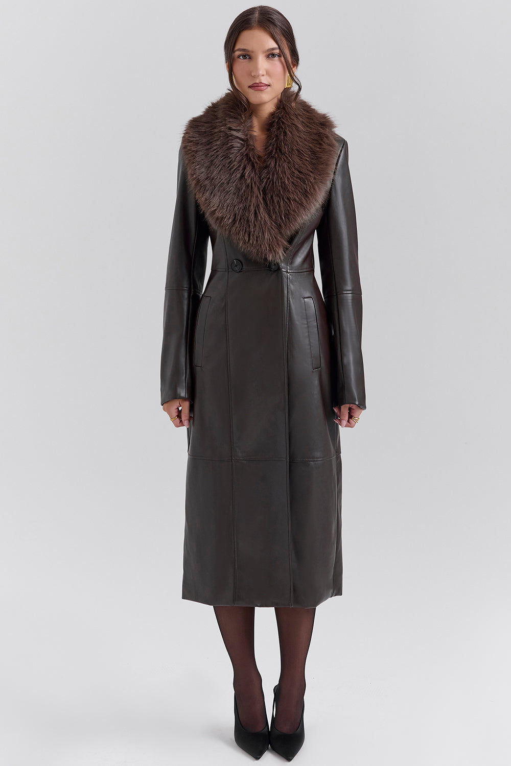 brown faux fur trimmed vegan leather coat