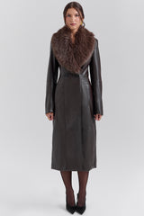 brown faux fur trimmed vegan leather coat