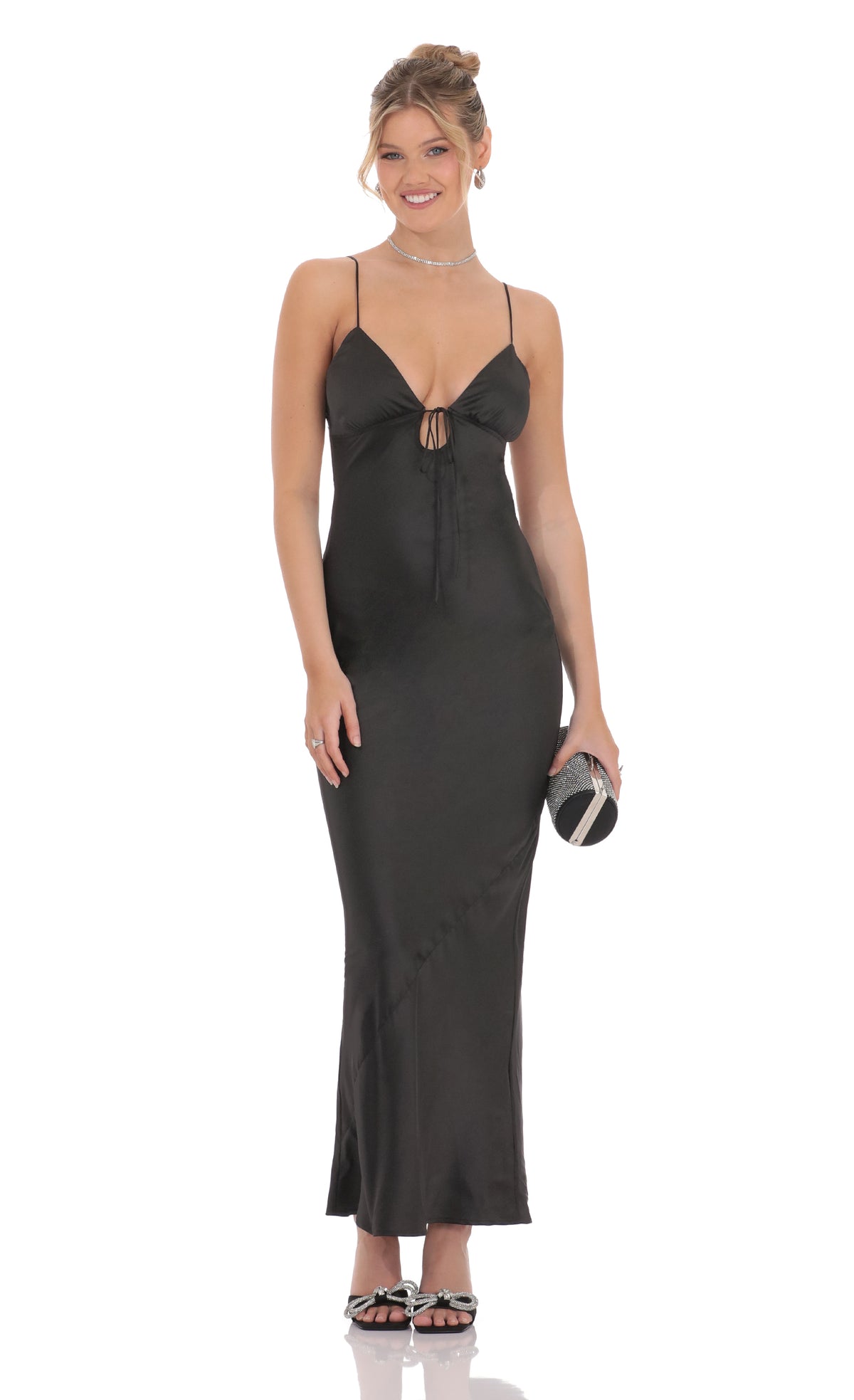 Satin Back Tie Maxi Dress in Black