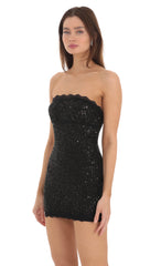 Lace Sequin Strapless Bodycon Dress in Black