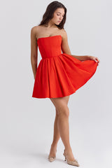 italian tomato strapless pleated mini dress
