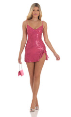 Sequin Ruffle Slit V-Neck Dress in Hot Pink