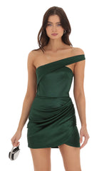 Satin Cross One Shoulder Dress in Green