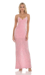 Velvet Sequin Back Bow Maxi Dress in Pink