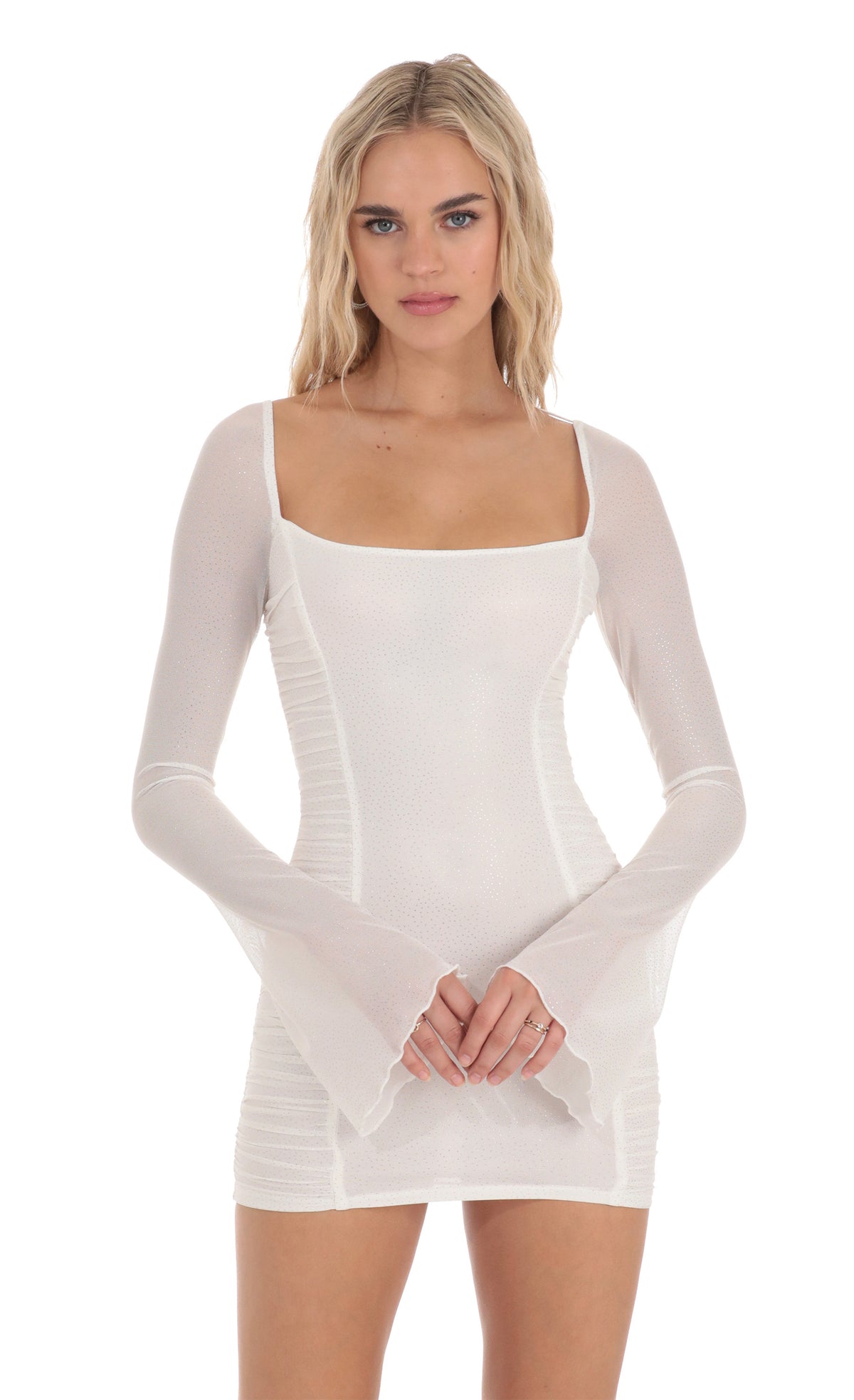 Shimmer Mesh Ruched Bodycon Dress in White