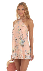 Foiled Floral Halter Shift Dress in Peach