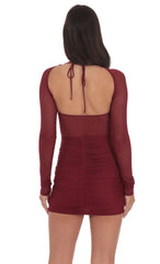Mesh Long Sleeve Bodycon Dress in Burgundy