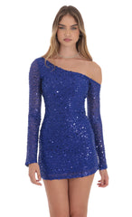 Sequin Long Sleeve Off Shoulder Dress in Blue