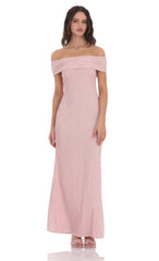 Textured Off Shoulder Maxi Dress in Blush Pink