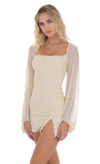 Mesh Lace Ruched Dress in Cream