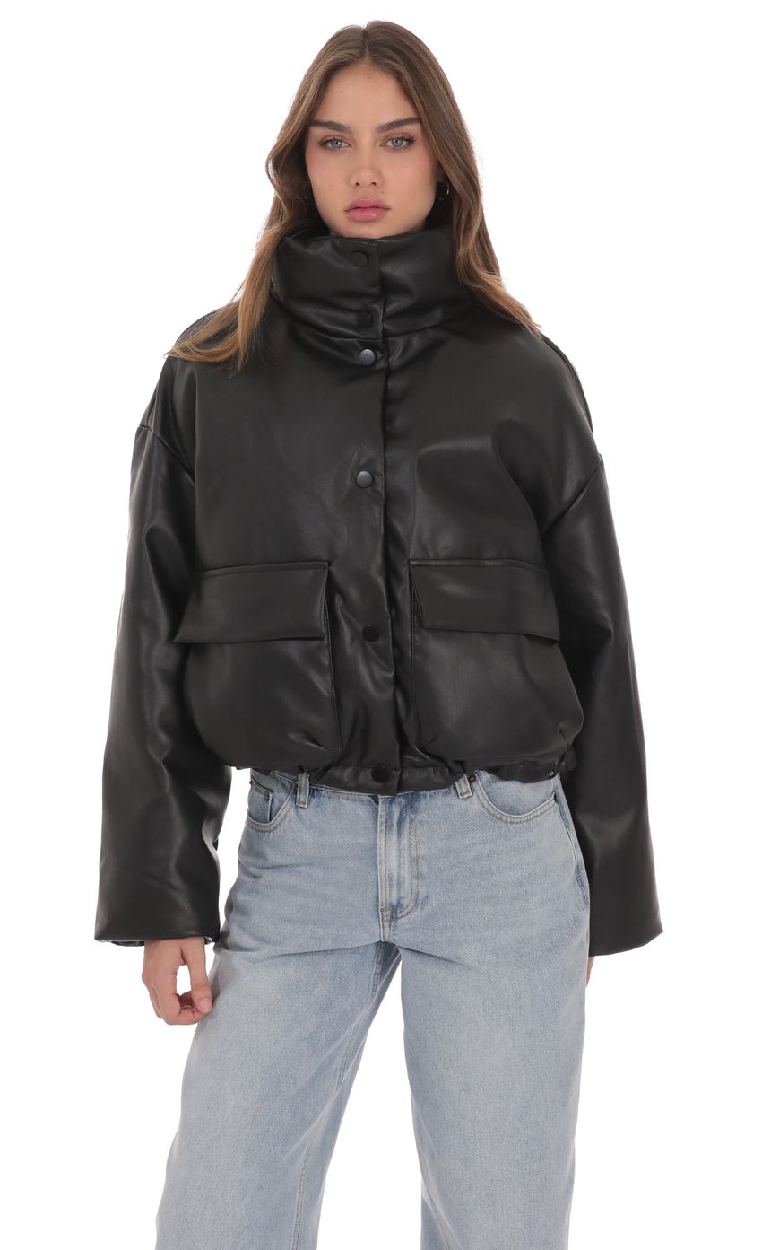 Faux Leather Cropped Puffer Jacket in Black