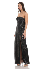 Sequin Satin Back Tie Maxi Dress in Black