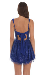 Sequin Beaded Fit and Flare Dress in Blue